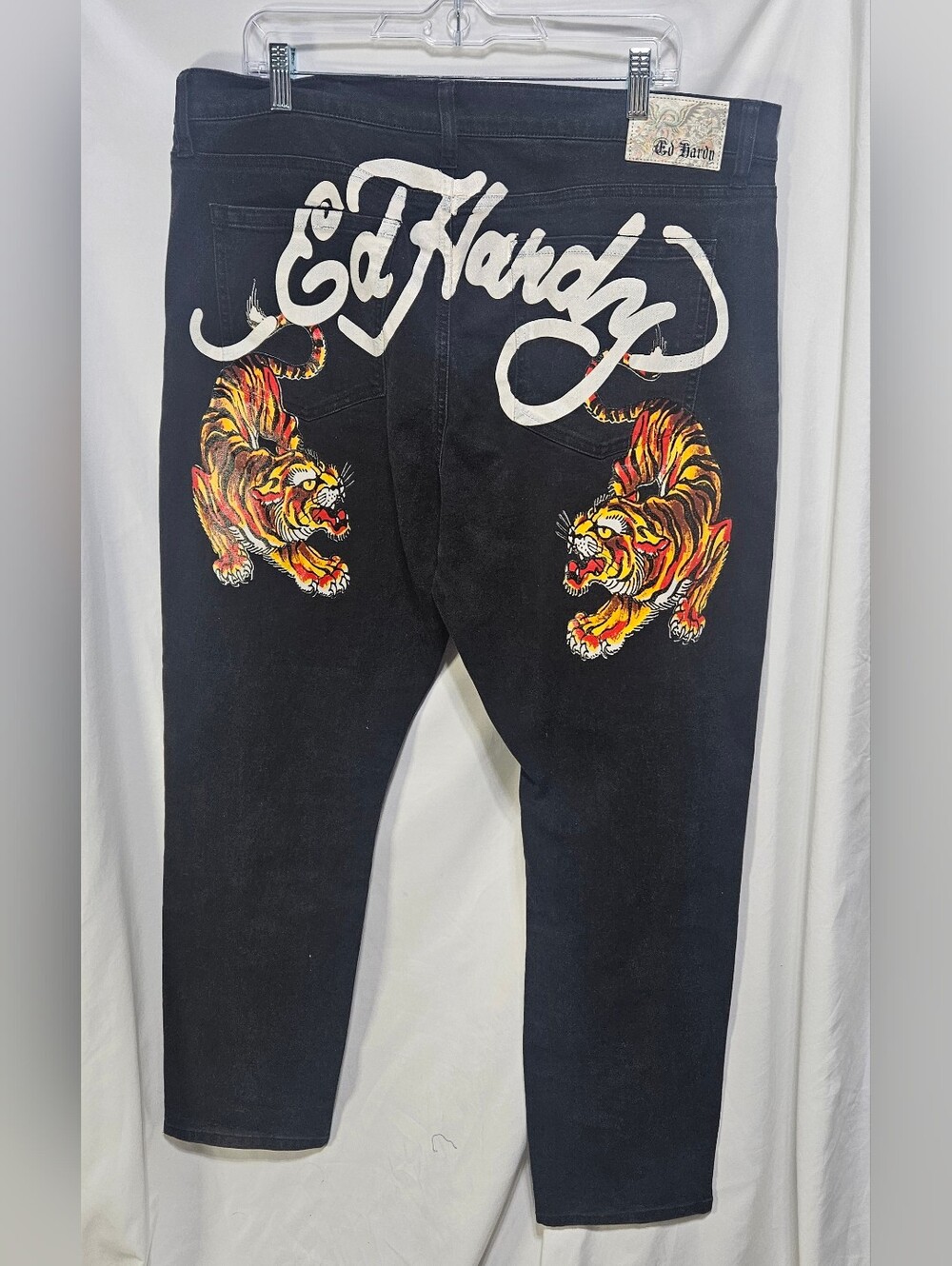 Ed Hardy Men's Black Tiger Graphic Skinny Jeans Size 40 Y2K Tattoo Stretch Denim
